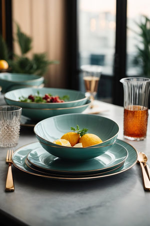 elegant table setting for a festive dinner in a restaurant or cafeの素材