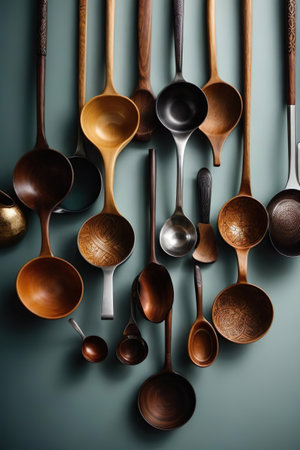 Wooden spoons on a green background. View from above.の素材