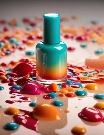 Nail polish bottle on colorful background with spilled nail polish and colorful sprinklesの素材