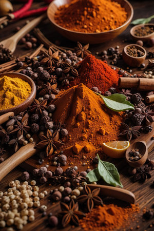 Spices and herbs on wooden background. Food and cuisine ingredients.の素材