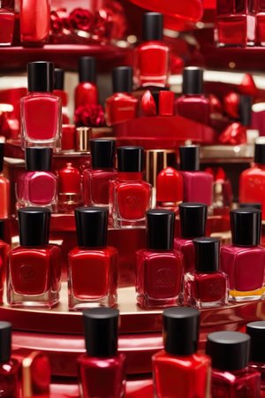 Red and black nail polish bottles on shelf in beauty salon close upの素材