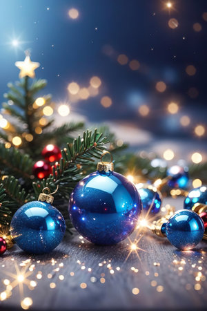 Christmas and New Year holidays background. Decorations on wooden table.の素材