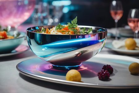 Tasty salad in glass bowl on table in restaurant, closeupの素材