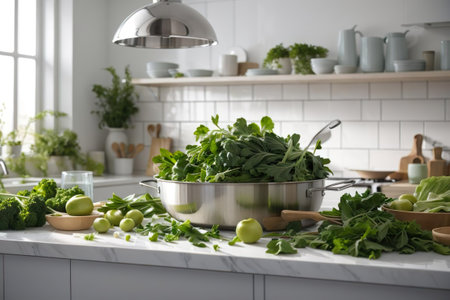 Kitchen interior with cooking utensils and green vegetables on tableの素材