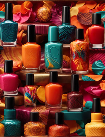 Nail polish bottles on a shelf in a beauty salon, close-upの素材