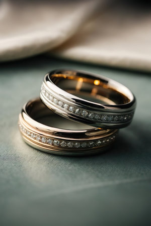 Two gold wedding rings on a green satin background close-upの素材