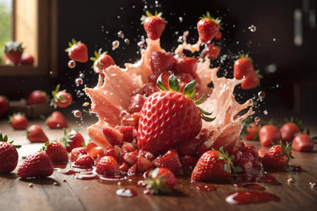 Strawberry falling into the water splashes on a wooden tableの素材