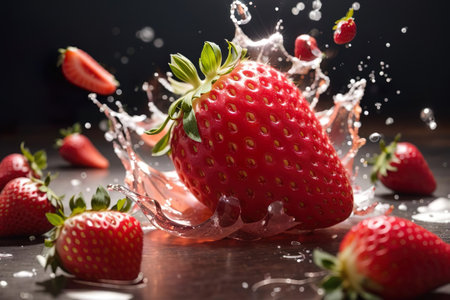 Fresh strawberries falling into water splashes on a dark background, close upの素材
