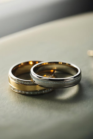 Wedding rings on a black background. Shallow depth of field.の素材