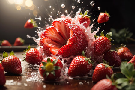 Strawberries with splashes of water on a wooden table.の素材