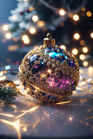 Christmas decoration on the background of the Christmas tree with a garlandの素材
