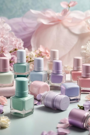 Nail polish bottles and flowers on blue background, beauty and spa conceptの素材