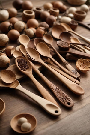 Wooden spoons with different spices on wooden table, closeupの素材
