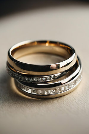 Wedding rings on a gray background. Close-up.の素材