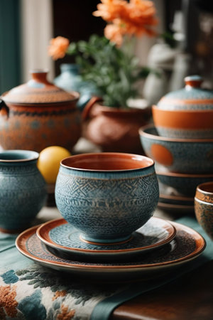 Ceramic teapot and cups on wooden table, closeupの素材
