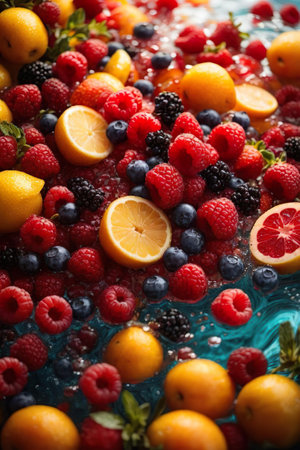 Mix of fresh berries in water on blue background. Healthy food conceptの素材