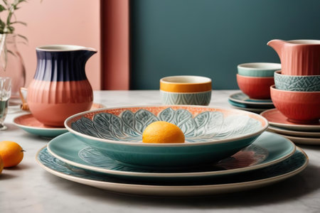 Colorful ceramic tableware on white marble table, close-upの素材