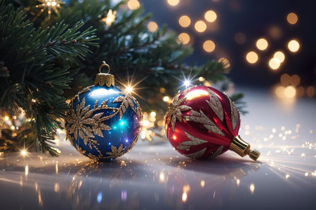 Christmas and New Year holidays background. Christmas ball decoration on bokeh backgroundの素材