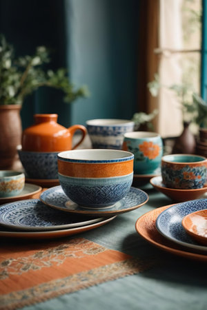 Ceramic tableware and crockery in a rustic styleの素材