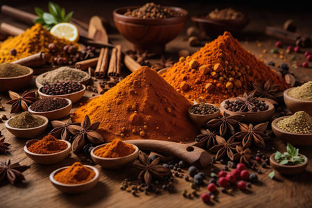 Spices and herbs on wooden background. Food and cuisine ingredients.の素材
