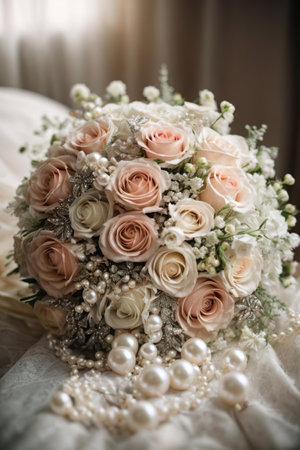 Beautiful wedding bouquet of white and pink roses and pearlsの素材
