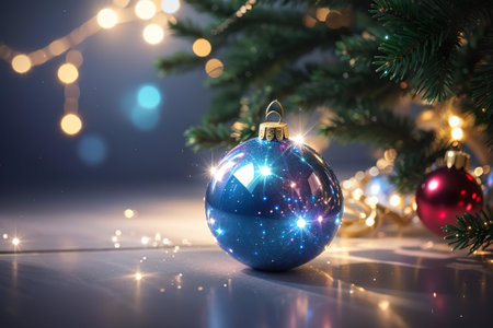 Christmas and New Year background. Blue Christmas ball on the background of the Christmas tree.の素材