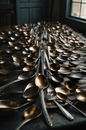 Vintage metal spoons and forks on a table in a restaurantの素材