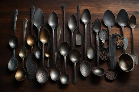 Old metal spoons and coffee beans on a dark wooden background.の素材
