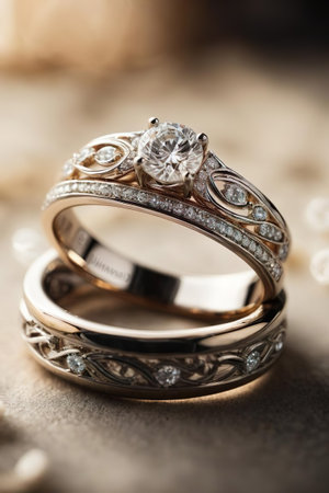 wedding rings with diamonds on the table, close-upの素材