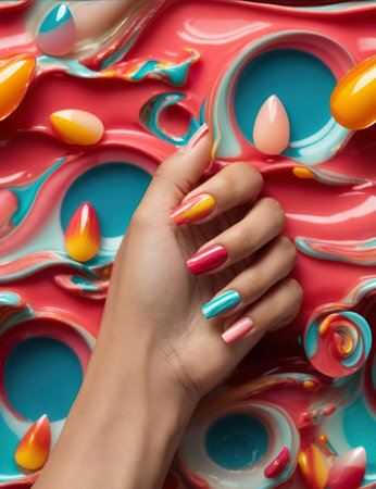Female hand with beautiful manicure and nail polish on colorful background.の素材