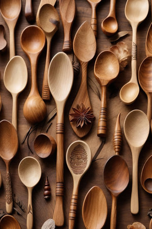 Wooden kitchen utensils on a wooden background. Copy space.の素材