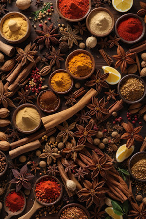 Spices and herbs on wooden background. Food and cuisine ingredients.の素材