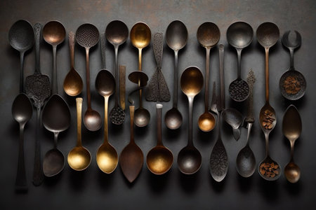 Old metal spoons and spices on black background. Retro style.の素材