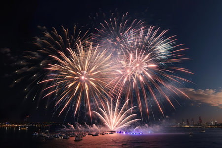 Colorful fireworks of various colors over the sea at Pattaya beach, Thailandの素材