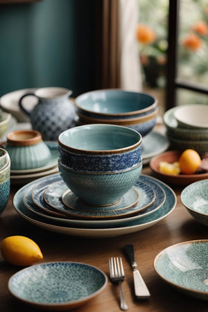 Set of ceramic tableware on wooden table, closeup. Ceramic tablewareの素材