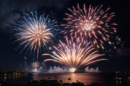 Colorful fireworks of various colors over the city of Istanbul, Turkeyの素材