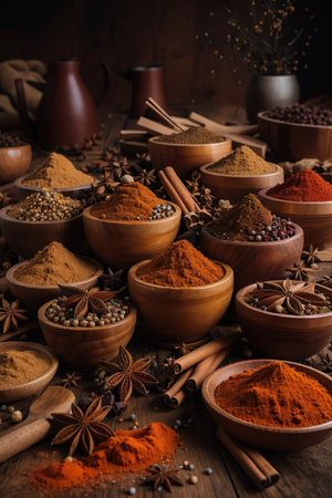 Spices and herbs in wooden bowls. Food and cuisine ingredients.の素材