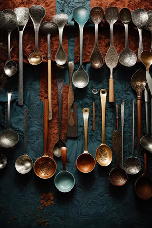 Vintage kitchen utensils on a dark background. Toned.の素材