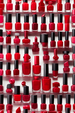 Red nail polish bottles on white background. Top view, flat layの素材