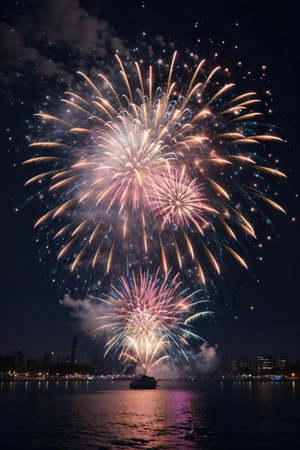 Colorful fireworks of various colors over the cityscape and water surfaceの素材