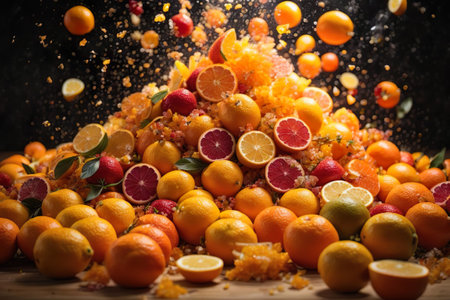 Falling tangerines and oranges on a wooden table. Toned.の素材