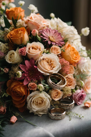 Beautiful wedding bouquet with roses and golden rings, closeupの素材