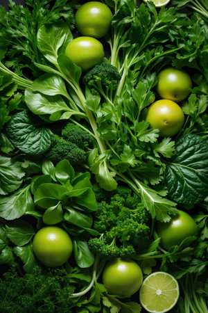 Fresh green vegetables and herbs background. Healthy food concept. Top view.の素材