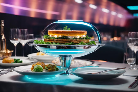 Hamburger in a glass plate on a table in a restaurantの素材