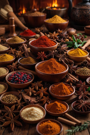Spices and herbs on wooden background. Food and cuisine ingredients.の素材