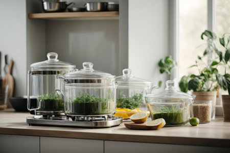 Stainless steel cooking pot with green smoothie in modern kitchenの素材