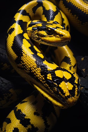 Yellow and black python on a black background. Close-up.の素材