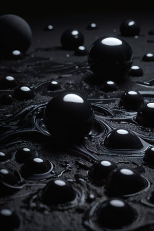 Black drops of water on a black background. Shallow depth of fieldの素材