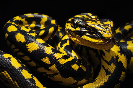 Yellow and black royal python on black background. Python reticulatus.の素材
