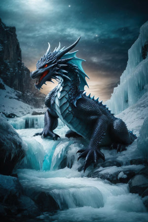 Fantasy dragon in a frozen waterfall. 3d rendering. Computer digital drawing.の素材